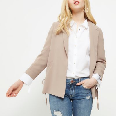 Dark beige ruched sleeve blazer